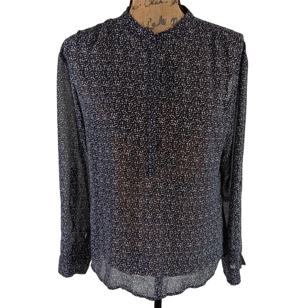 a.n.a. Top M Black White Dot Blouse Long Sleeve Shirt Button Semi Sheer Pullover